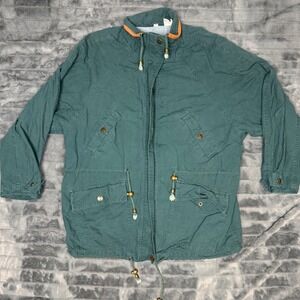 Vintage Laura Jefferies Green Cotton Utility Jacket Leather Trim Womens Medium
